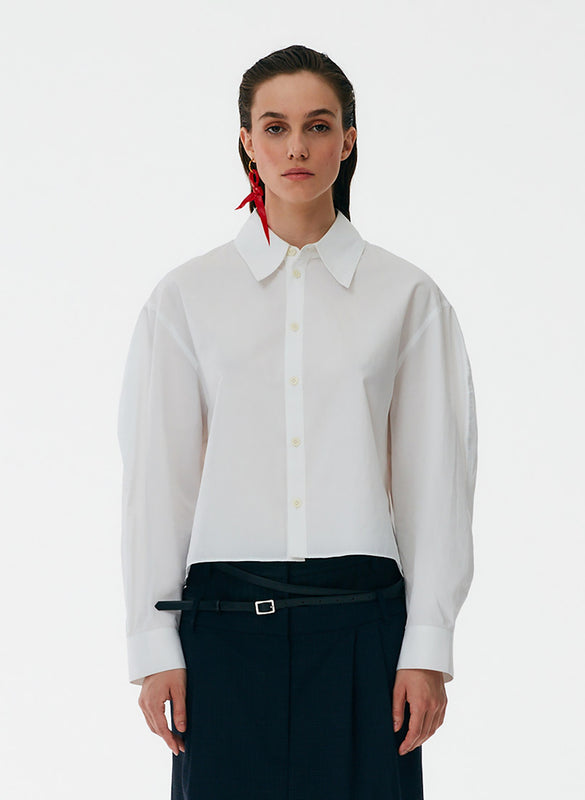 Miles Shirting Scallop Sleeve Cropped Boyfriend Shirt