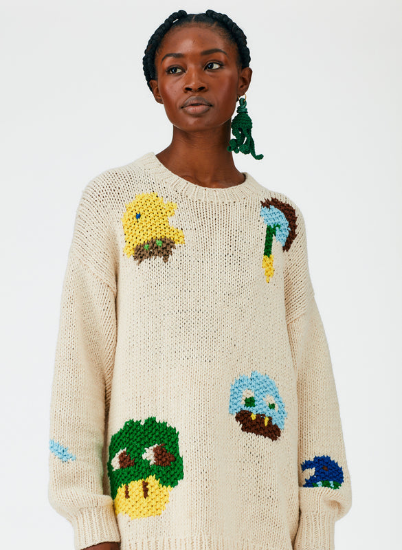 Handknit Intarsia Crewneck Pullover