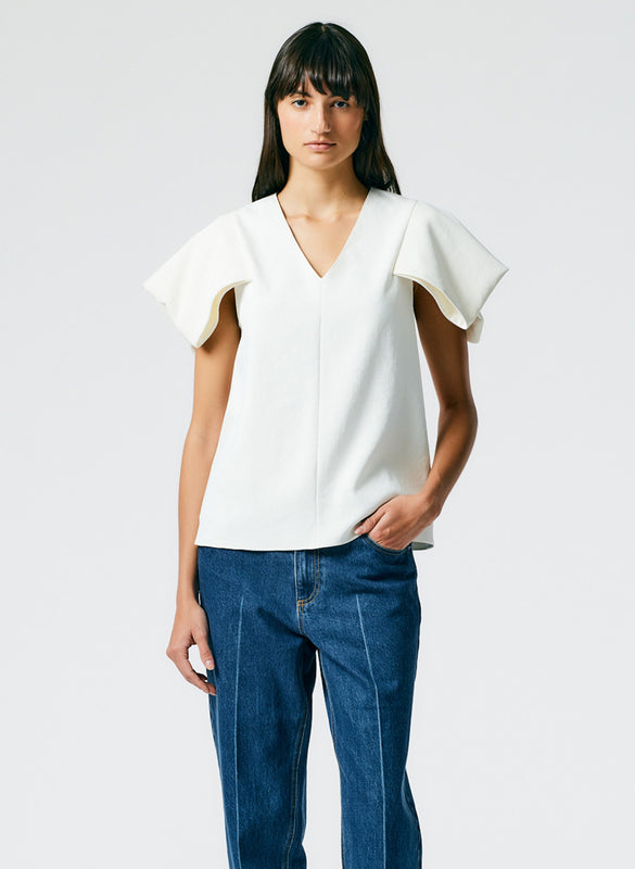 Chalky Drape V-Neck Top With Folded Sleeve