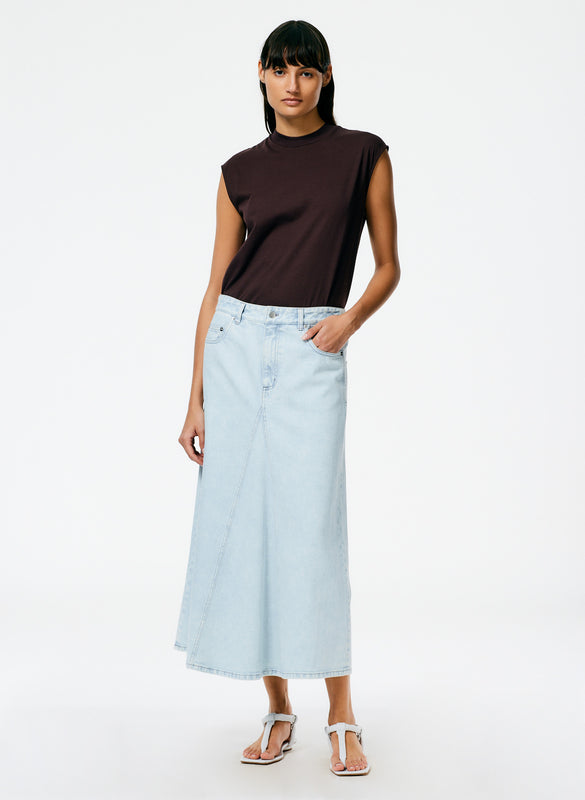 Bleached Denim Godet Midi Skirt