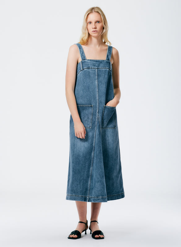 Classic Wash Denim Midi Overall Dress