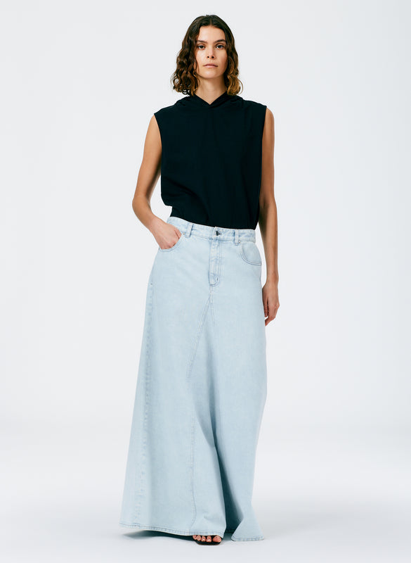 Bleached Denim Godet Maxi Skirt