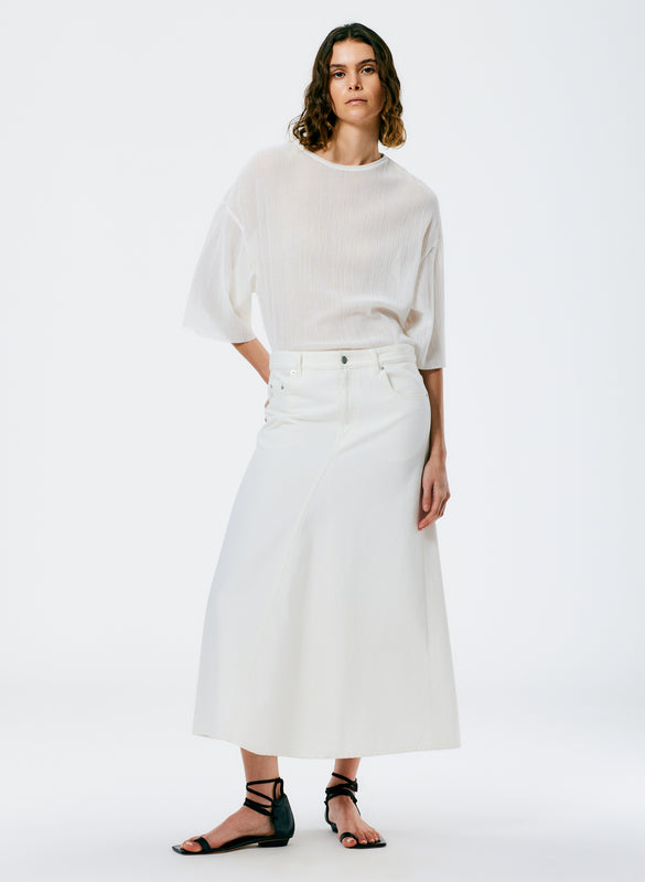 White Denim Godet Midi Skirt